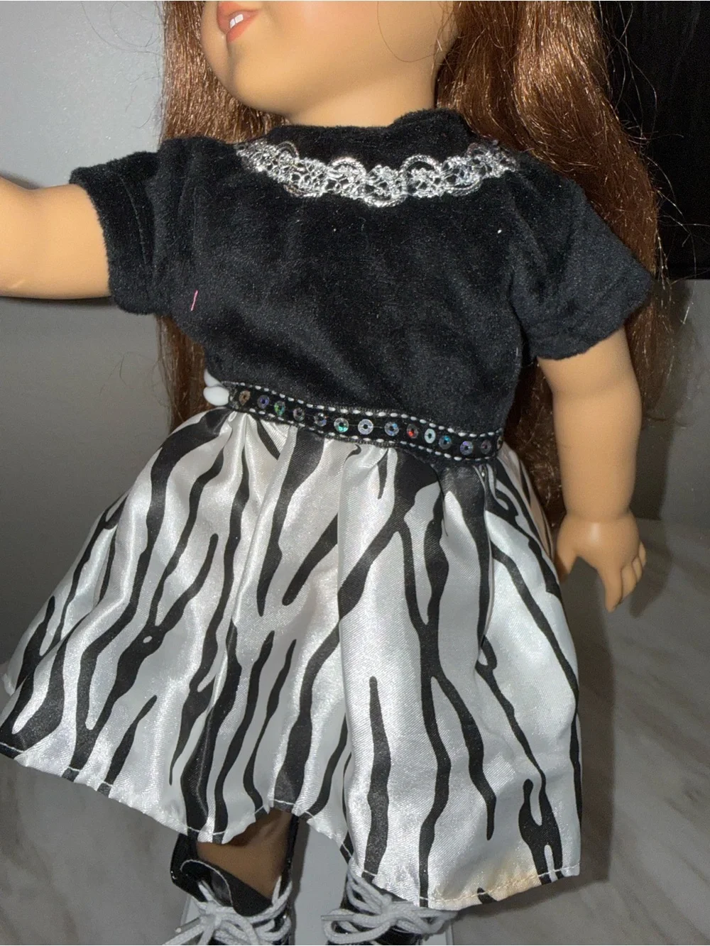 18” dolls black velvet top white black skirt high top black tennis shoes
